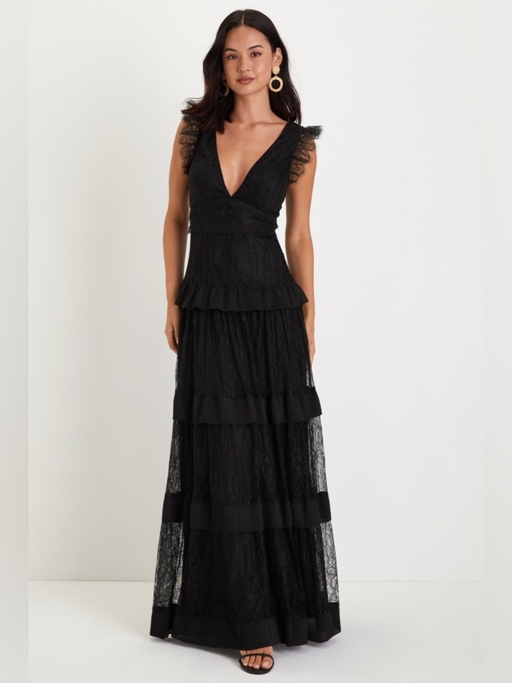Lulus Marvelous Darling Black Lace Ruffled Tiered Maxi Dress Size XL